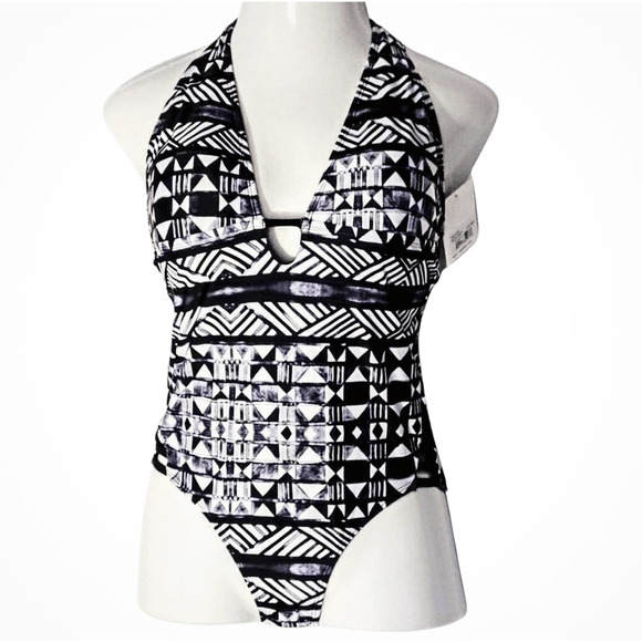 Black Gray White Abstract Deep Plunge One-Piece Halter Swimsuit M - Picture 1 of 8